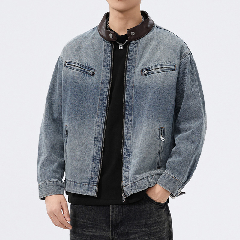 Leather Work Jacket - Stand Leather Collar Denim Jacket Men