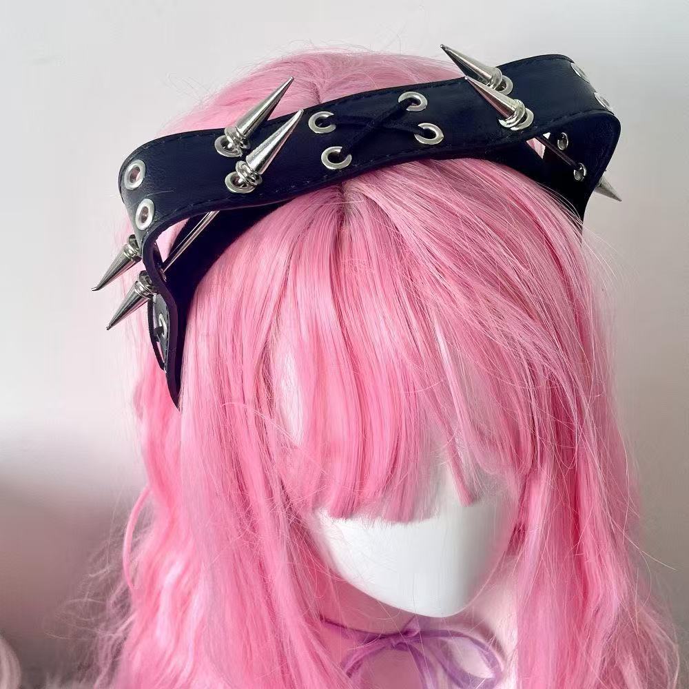 Leatherwork Pony - Punk Harajuku Rivet Headband, Y2K Alt