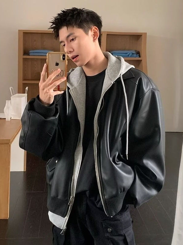 Men's Hooded PU Leather Jacket - Leather Work Jacket recension och pris