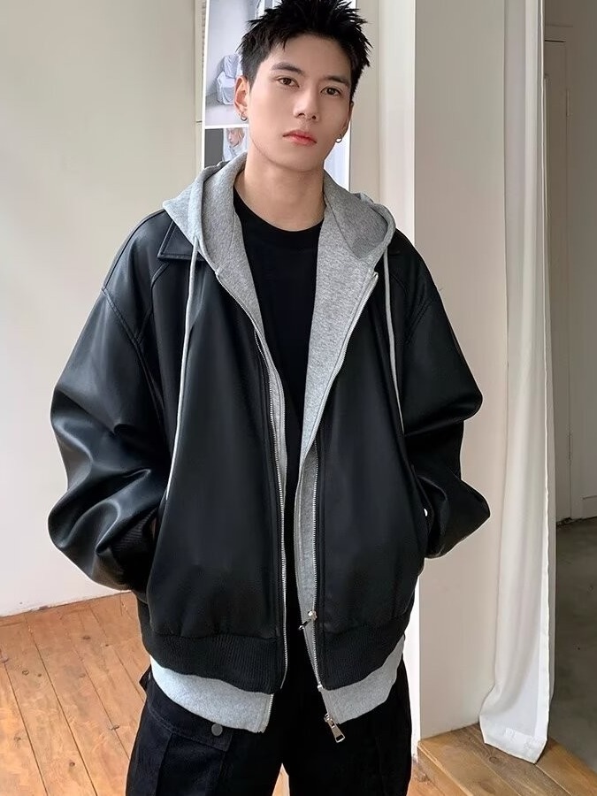 Men's Hooded PU Leather Jacket - Leather Work Jacket recension och pris
